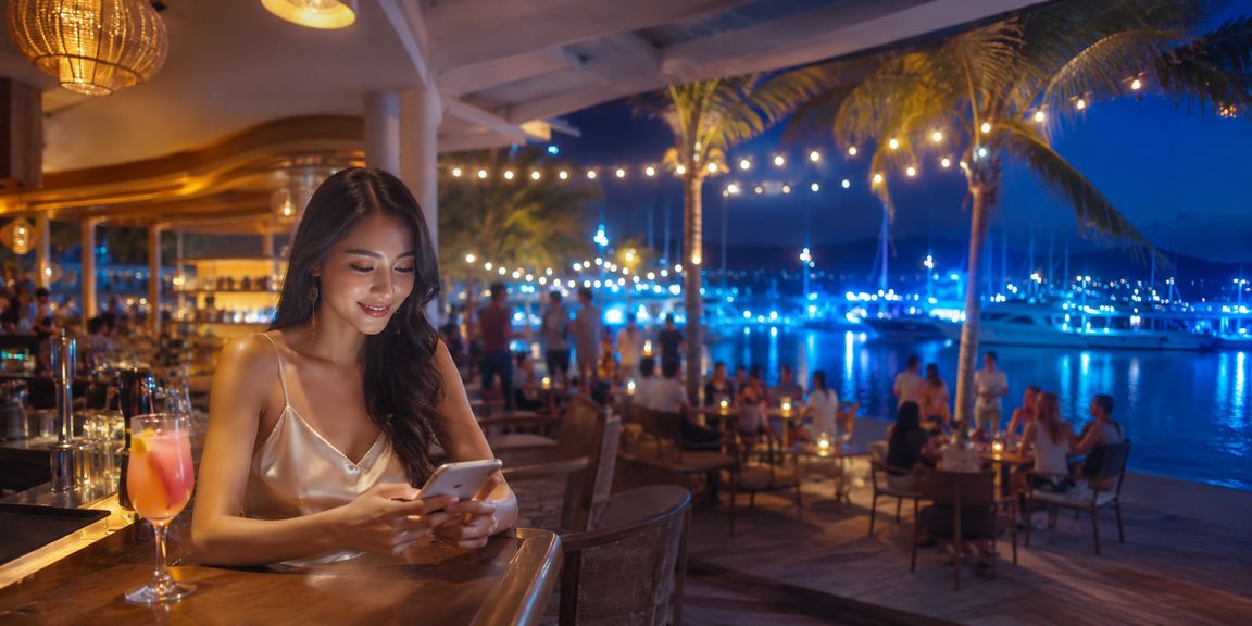 Người chơi trải nghiệm casino di động trên bãi biển Phú Quốc vào buổi chiều